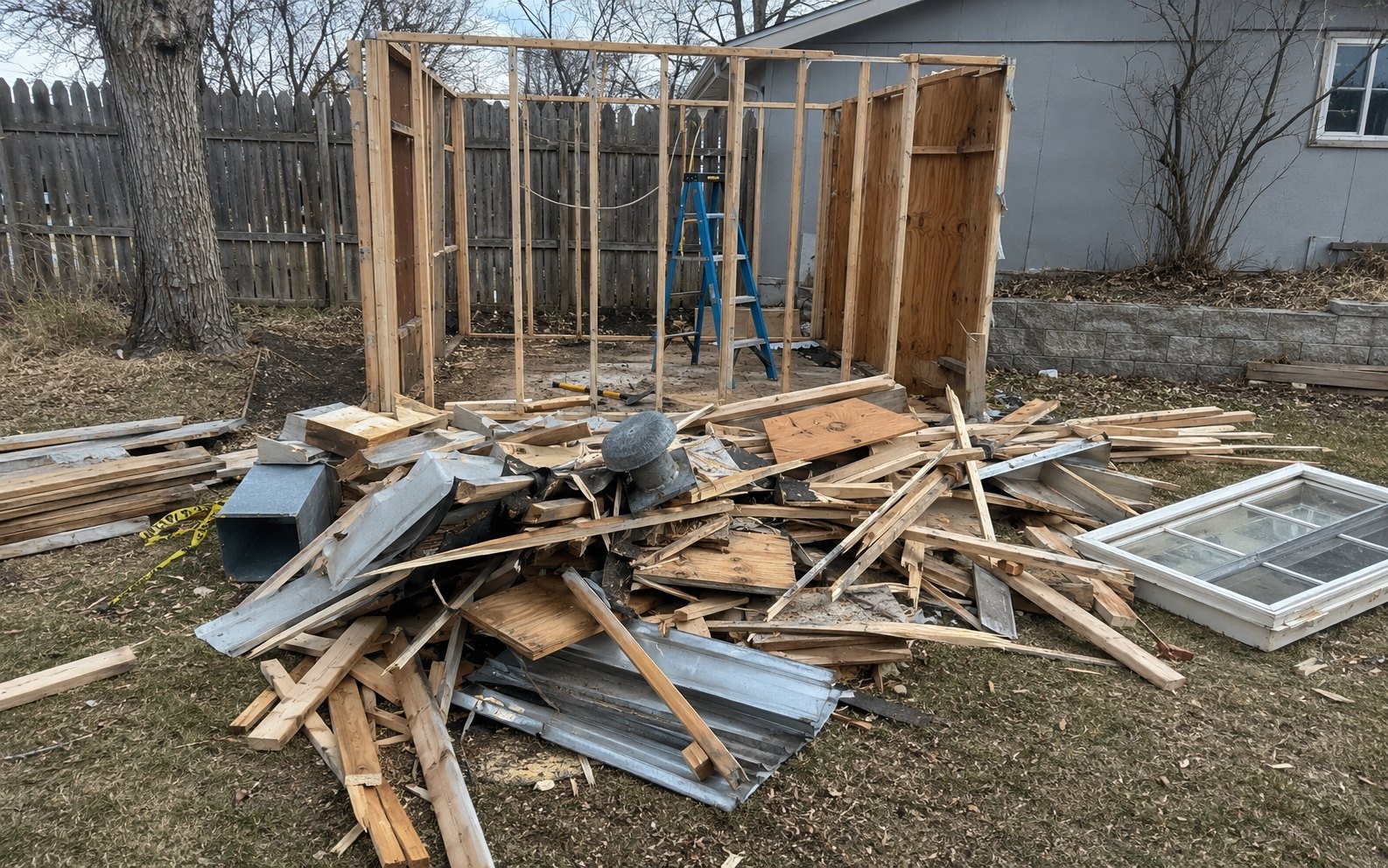 Lumber pile from a demolished backyard shed
