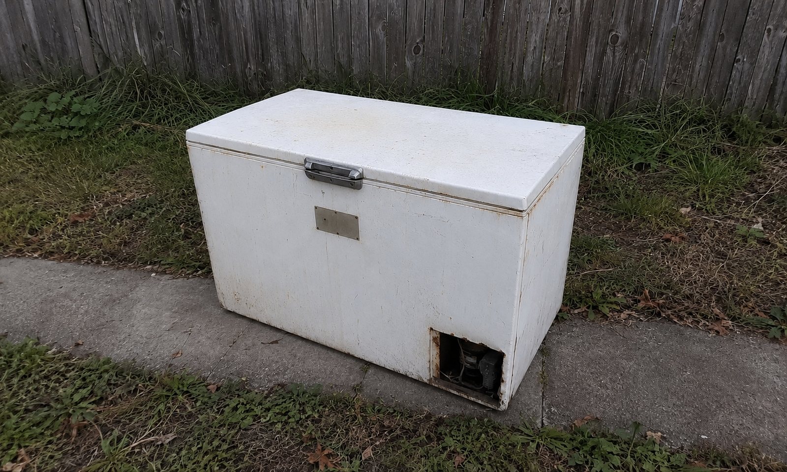 White chest freezer set outside for removal