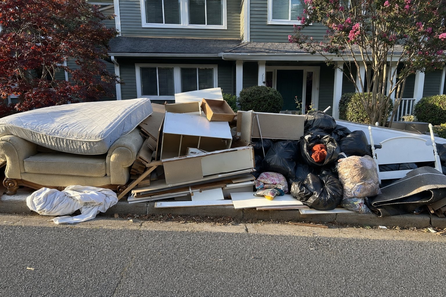 Assorted old furniture stacked at the curb