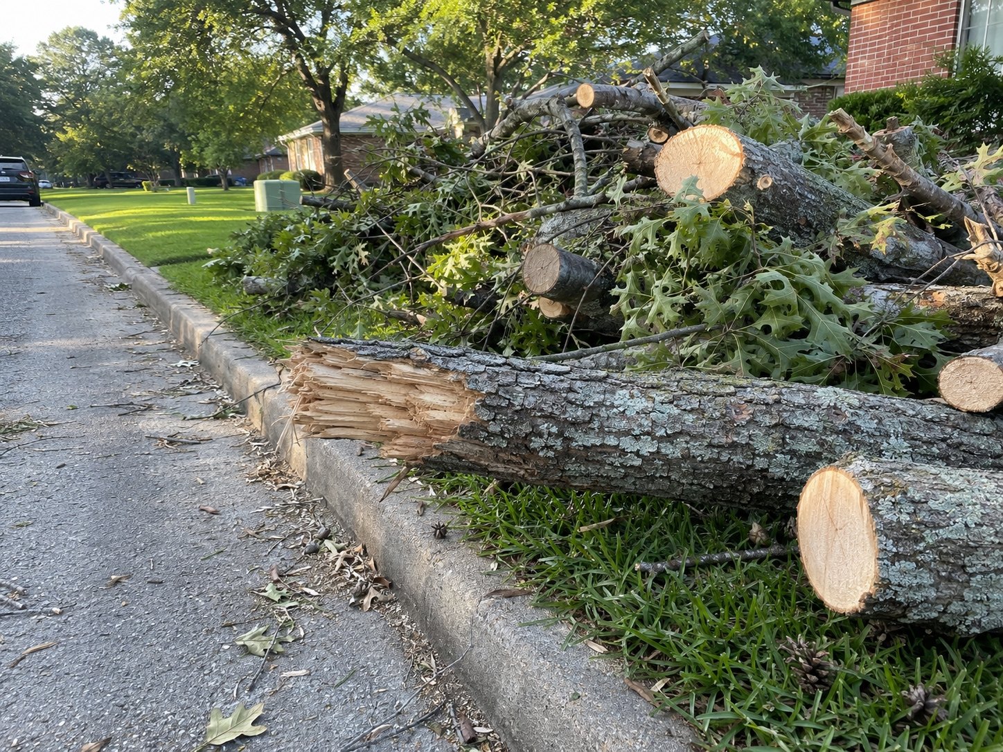 Fallen tree limbs stacked at the curb after a storm